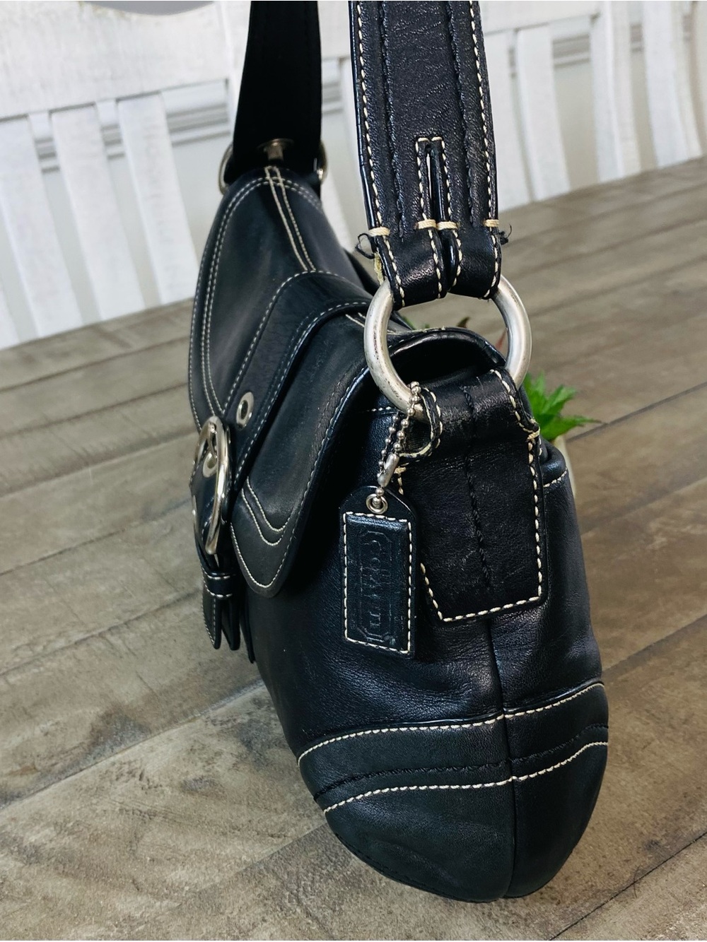 Vintage Coach Soho Y2K Leather Buckle Flap Shoulder Bag Black Hobo F10910 - Picture 6 of 14